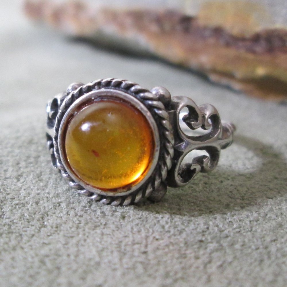 Deep Honey Amber Ring Sterling Silver Pierced Work